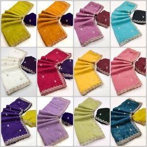 Saree ผ้าชิฟรอนกรุบกรอบดีไซน์ปักลายผ้าลายเย็บด้วยมือทั้งงานและงานเพชร - Product Image 3