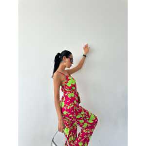 Mono de satén de cintura alta con cuello en V estampado y diseño de tirantes, transpirable, estilo urbano moderno - Product Image 1