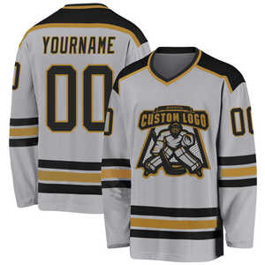 Jersey de Hockey sobre Hielo Gris Claro Personalizado, Uniforme Profesional de Equipo, Ropa Deportiva Atlética con Rayas Negras y Doradas, Top de Hockey Personalizado - Product Image 4