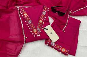 Algodón bordado increíble Rosa RANI Salwar Kameez para mujer Casual verano manga tres cuartos pantalones sólidos bolsillo único - Product Image 4