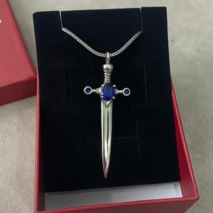 Solid 925 Sterling Silver Women's Necklace Royal Blue Sapphire Hydro Oval Emerald Cut Sword Design Handmade Yellow <b>Gold</b> Material - Product Image 3