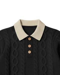 Pull Polo Homme Personnalisé en Maille Câblée à Manches Longues, Col Boutonné Contrastant, Hiver, Noir, pour Vente en Gros - Product Image 5