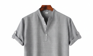 เสื้อเชิ้ตแขนสั้นผ้าฝ้ายผสมลายทางลำลองสำหรับบุรุษ คอตั้ง คุณภาพสูง ระบายอากาศได้ดี เหมาะสำหรับฤดูร้อน มีจำหน่ายแล้ว - Product Image 3