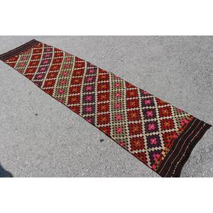Vintage <b>Runner</b> Rug 2.1x8.6 ft (65x263 cm), Kilim <b>Red</b> Oriental Turkish Rug - Product Image 4