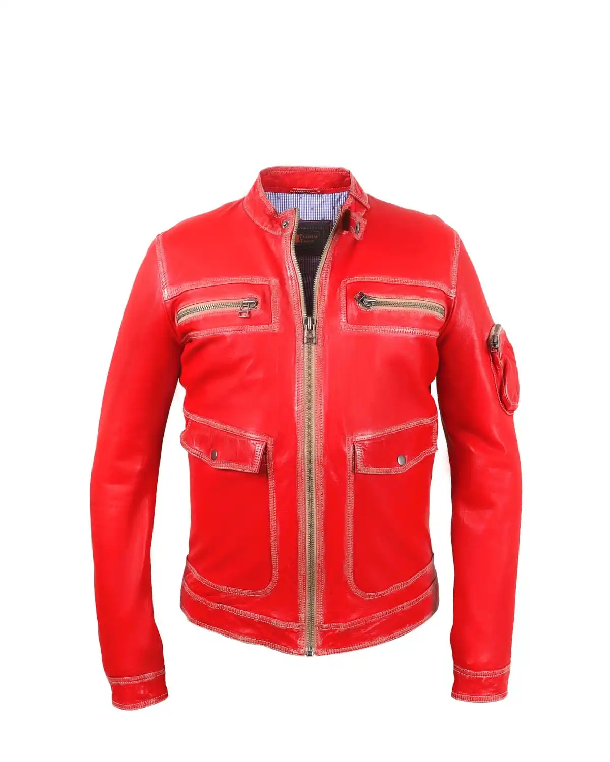Mens Fashion Leather Jacket Washed   Waxed Leather Jacket with distressing chest zipper pockets contrast YKK zippers