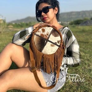 Cowhide Fur <b>Sling</b> Bag Handbag New Designer Stylish Western Collection of Fringe Crossbody Shoulder <b>Round</b> Bags Women's Use Purse - Product Image 1