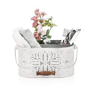 Organizador de cuchara de Metal galvanizado con diseño Floral blanco decorativo más vendido, almacenamiento de utensilios de cocina, pinzas para ollas con mango de madera - Product Image 1