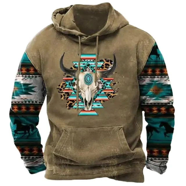 Wholesale Custom High Quality Ethnic Hoodies Men's Clothing Style Patchwork Autumn Winter Fashion Casual Hooded