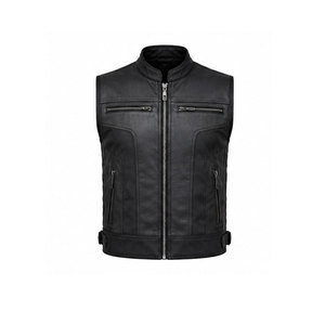 Durable Leather Material Outdoor Moto <b>Vest</b> Men Sleeveless Zip Front Riding <b>Vest</b> Casual <b>Utility</b> <b>Vest</b> For Daily Wear - Product Image 1