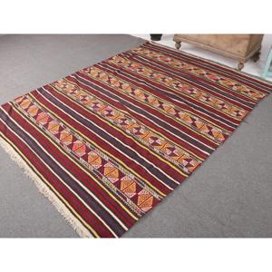 Vintage Turkish Kilim Rug 5.8x8 ft, <b>Red</b> Large Ombr <b>Wool</b> Rug - Product Image 2