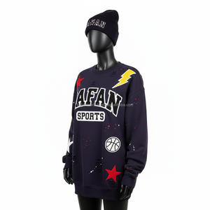 Sudadera Extra Grande para Mujer, Tejido de Felpa, Azul Marino con Diseños de Estrellas y Patchwork, Bordado con Logotipo Personalizado, Sudaderas Transpirables para Mujer - Product Image 4