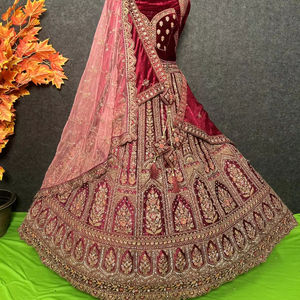 Majestic Velvet Bridal Lehenga Set Heavy Jarakan Embroidery 12 Kali 5 <b>Meter</b> Flair Double Dupatta Rajwadi Multi-Colour for - Product Image 1