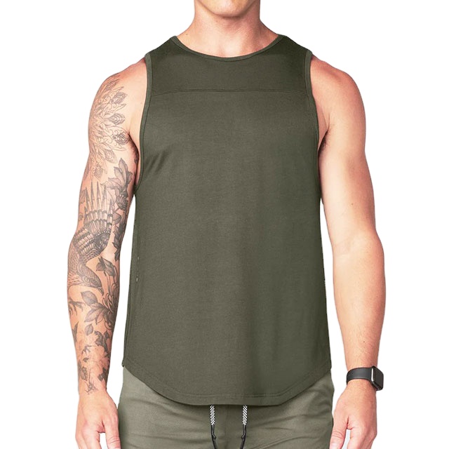 Men O-Neck Curved Hem Sleeveless Tank Top Gym Vest Eco-Friendly Breathable Polyester/Cotton Heavyweight 220g Solid High Street