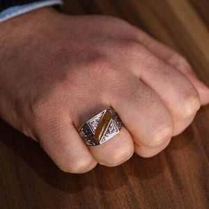 925 Sterling <b>Silver</b> Men's Cluster <b>Ring</b> Square Stone Amber Handcrafted Geometric <b>Statement</b> <b>Ring</b> for Everyday Wear GRS Certified - Product Image 1