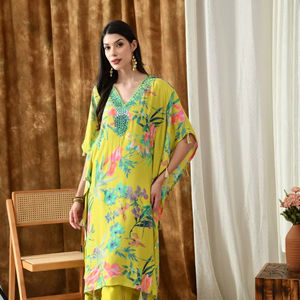 Ensemble caftaan Maslin imprimé numérique miroir lourd travail manuel élégant vêtements traditionnels musulmans accessoires Viscose fête quotidienne - Product Image 1