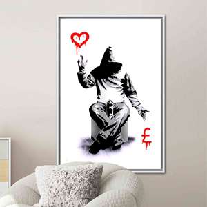 Impresión en Lienzo de la Obra de Arte "Love Money" de Banksy - Arte Mural Moderno de Graffiti, Enmarcado en Blanco - Product Image 1