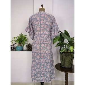 Vestido Kaftán de Algodón Puro, Estampado Floral Indio, para Playa, Cómodo, para Maternidad, Color Gris Acero, Estampado Floral de Jardín - Product Image 6
