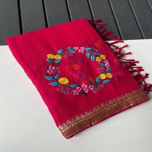 Sari VASTRA COTTAGE de viscosa georgette con bordado de motivos de corona de múltiples hilos, textura suave y fluida, elegante sari de un solo tono. - Product Image 3