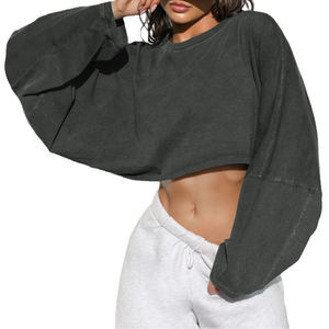 Sudadera recortada de cuello redondo para mujer Sudadera con capucha lavada con ácido 220gsm 240gsm 260gsm Camisetas de manga larga - Product Image 5