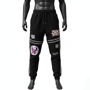 กางเกงจ็อกเกอร์ผู้ชายทรงโอเวอร์ไซส์ ผ้าฝ้ายพรีเมียมเนื้อฟลีซ สีดำ แต่งแถบสีดำ พร้อมปักลายปักโลโก้ตามสั่ง - Product Image 6