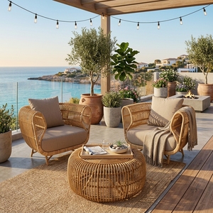 Natural Polished Rattan Garden Furniture Set Woven Armchairs <b>Round</b> Coffee <b>Table</b> <b>Patio</b> Setup Room Decor Art Pure Design - Product Image 5