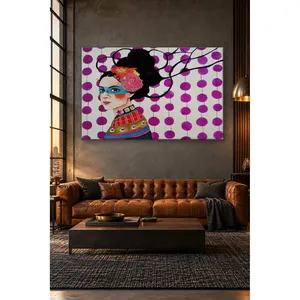 Fida Purple Drops - Toile imprimée avec femme masquée sur fond de rideau - Product Image 3