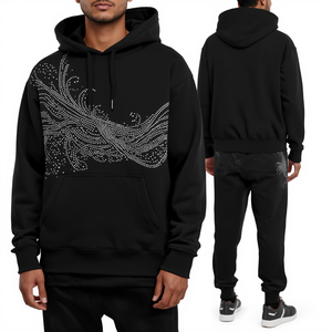Hot Sale Premium Men's Heavyweight Rhinestone Tracksuit Luxury Crystal Cotton Fleece Hoodie Jogger Set - Product Image 1