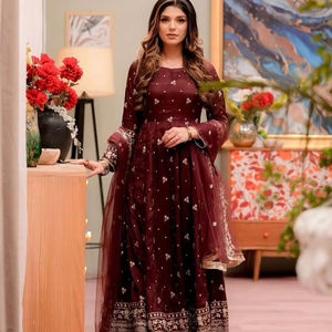 Robe de soirée brodée de créateur avec Dupatta, robe Anarkali à manches longues, robe de mariée pakistano-indienne-cousue - Product Image 1