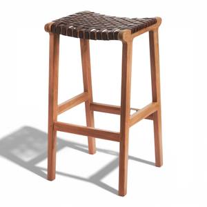 Tabouret de bar en teck de qualité commerciale en gros, siège en cuir tressé, chaise haute pour hôtel, restaurant, café, bar, fabricant de meubles - Product Image 2
