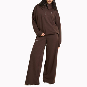 Ensemble de survêtement deux pièces pour femmes, sweat-shirt à demi-zip, pantalon de jogging à jambes larges, coupe décontractée, vêtements de détente décontractés - Product Image 1