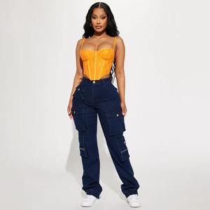Jeans cargo en denim bleu foncé à taille haute, multi-poches, tendance streetwear pour femmes, jeans grande taille pour femmes, vente chaude - Product Image 4