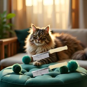 2 peines de acero inoxidable con dientes de púas para el cuidado de mascotas, cepillo para pelo de gatos y perros de pelo largo con mango de madera, diseño simple y seguro - Product Image 4