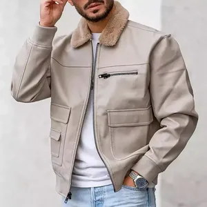 Vestes pour hommes de style aventure en plein air en cuir robuste avec col montant et tissu en toile de finition résistant aux intempéries - Product Image 2