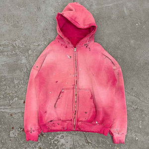Custom Winter Streetwear Solid Zipper 100% Cotton Digital Printing <b>Sun</b> Faded Heavyweight Boxy Distressed Ripped Acid Wash Hoodie - Product Image 1