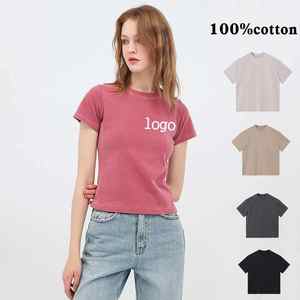 High Quality Cotton T-Shirt 100% Blank Slim Fit Crop Acid Washed <b>Tshirt</b> Custom Vintage T Shirt for Women - Product Image 2