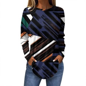 Camiseta de Mujer 100% Algodón, Estampado Geométrico Irregular en 3D, Manga Larga, Cuello Redondo, Tops Cortos, Jersey para Vacaciones - Product Image 2