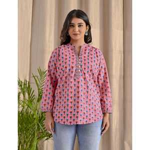 Blusa de Mujer con Estampado Floral Rosa, Corte Holgado, Popelina de Algodón Butti, con Cuello de Lazo, Botones Frontales, Largo, Talla XL, para Primavera/Verano - Product Image 5