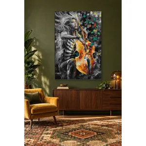 Impression sur toile Fida : Femme aux couleurs vives jouant du violoncelle sur fond noir et blanc - Product Image 2