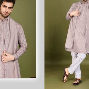 Collection Homme Nouvelle Kurta en Soie Festival Exclusive avec Dupatta Brodé pour la Saison de Mariage Tenue de Fête Formelle - Product Image 1