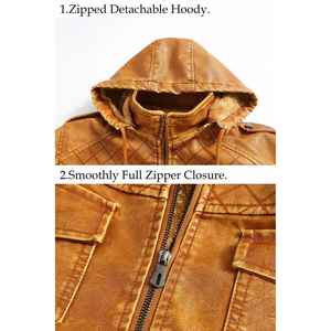 Nouvelle veste en cuir d'hiver robuste pour hommes avec épaules matelassées Capuche en fourrure Fermeture à glissière-Finition délavée Prêt à porter - Product Image 4