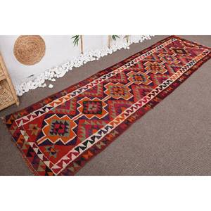 Alfombra Kilim Roja turca Vintage, alfombra clásica de yute de 3,1x10,5 pies con patrón de retazos, técnica de tejido plano con respaldo de látex - Product Image 5