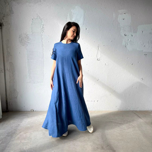 Robe caftan en lin bleu décontracté Midi Maxi Abaya en lin avec manches courtes doublure en coton pour les occasions quotidiennes - Product Image 1