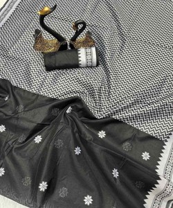 DALLE DE LIN MODERNE SOFT COTON TISSANT TRAVAIL SAREE AVEC BLOUSE INCOSSÉE VÊTEMENT DÉCONTRACTÉ PRIX DE GROS VÊTEMENT ETHNIQUE SAREE NOIR - Product Image 6