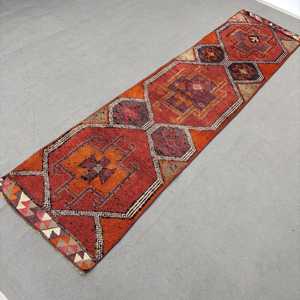 Vintage Herki <b>Runner</b> Rug 3x11.2 ft (92x340 cm), Turkish <b>Red</b> Ombr Wool Rug - Product Image 2