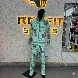 Unisex Streetwear Tracksuit Full <b>Zip</b> <b>Hooded</b> Sweatshirt Pants Set Mint Green Printed Slogan Design Autumn Wear - Product Image 1