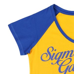Sigma Gamma Rho SGRho V Neck Tee <b>Gold</b> Royal Blue 100 Cotton Printed Script Embroidered Crest Sorority Greek Life <b>Shirt</b> - Product Image 2