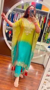 Séquence de soie Chinon de fête et de mariage de créateur lourd brodé et imprimé avec caftan Latkan lourd et pantalon avec Dupatta - Product Image 3