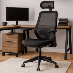 Chaise de bureau moderne Formia, dossier réglable en hauteur, en cuir PU, chaise élévatrice pour bureau à domicile, appui-tête réglable contemporain - Product Image 1