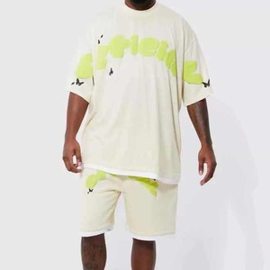 Ensemble de t-shirts surdimensionnés 100% coton respirants deux pièces pour hommes imprimés bouffants - Product Image 4