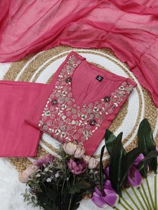 Conjunto de traje de fiesta indio S a XXL Viscosa Chinon Kurti con bordado de secuencia Viscosa Chanderi Bottom & Nazmin Silk Dupatta - Product Image 6